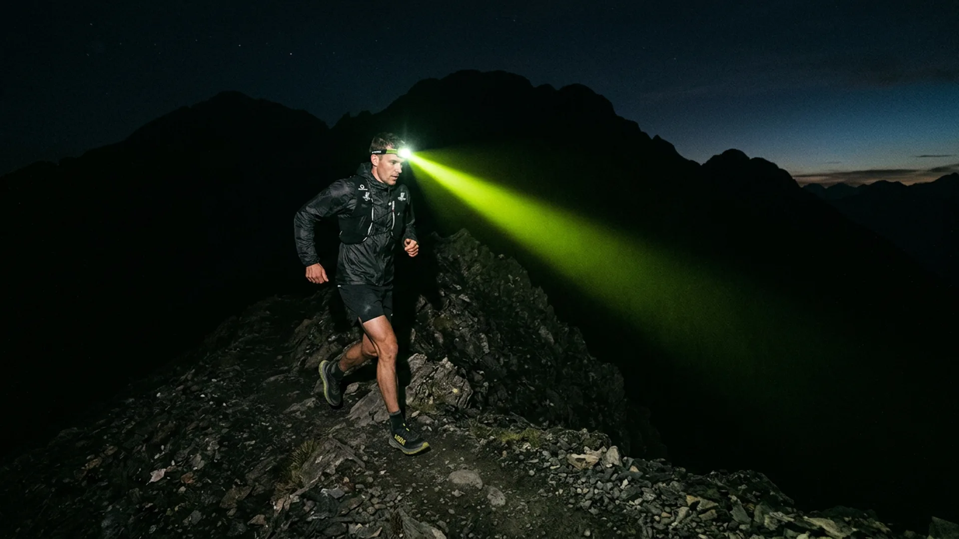 Trail runner on mountain ridge at dawn